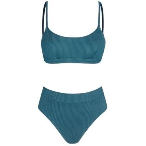 Cupshe Women’s Blue Ribbed Bikini Set Small Scoop Neck Top High Waist Bottom - Picture 5 of 8